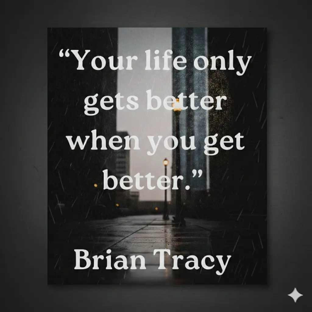 Inspirational personal development quote by Brian Tracy: "Your life only gets better when you get better" set against a moody city street background in an elegant frame.