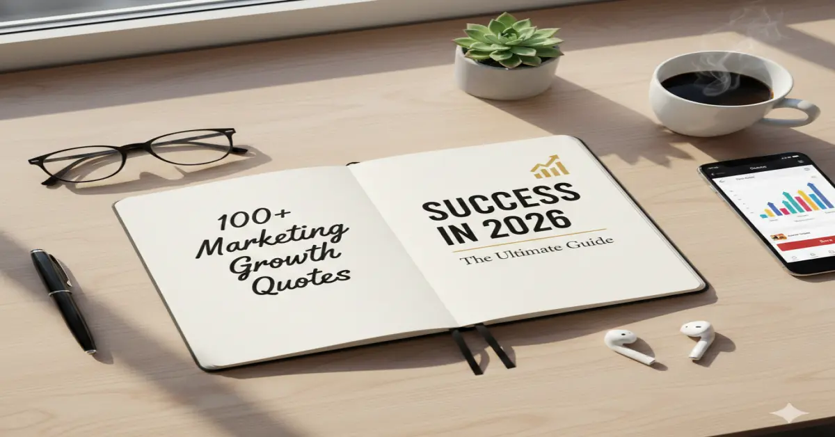 A 2026 marketing growth guide and notebook with the text 100+ Marketing Growth Quotes on a wooden desk with a coffee cup and phone showing data analytics.