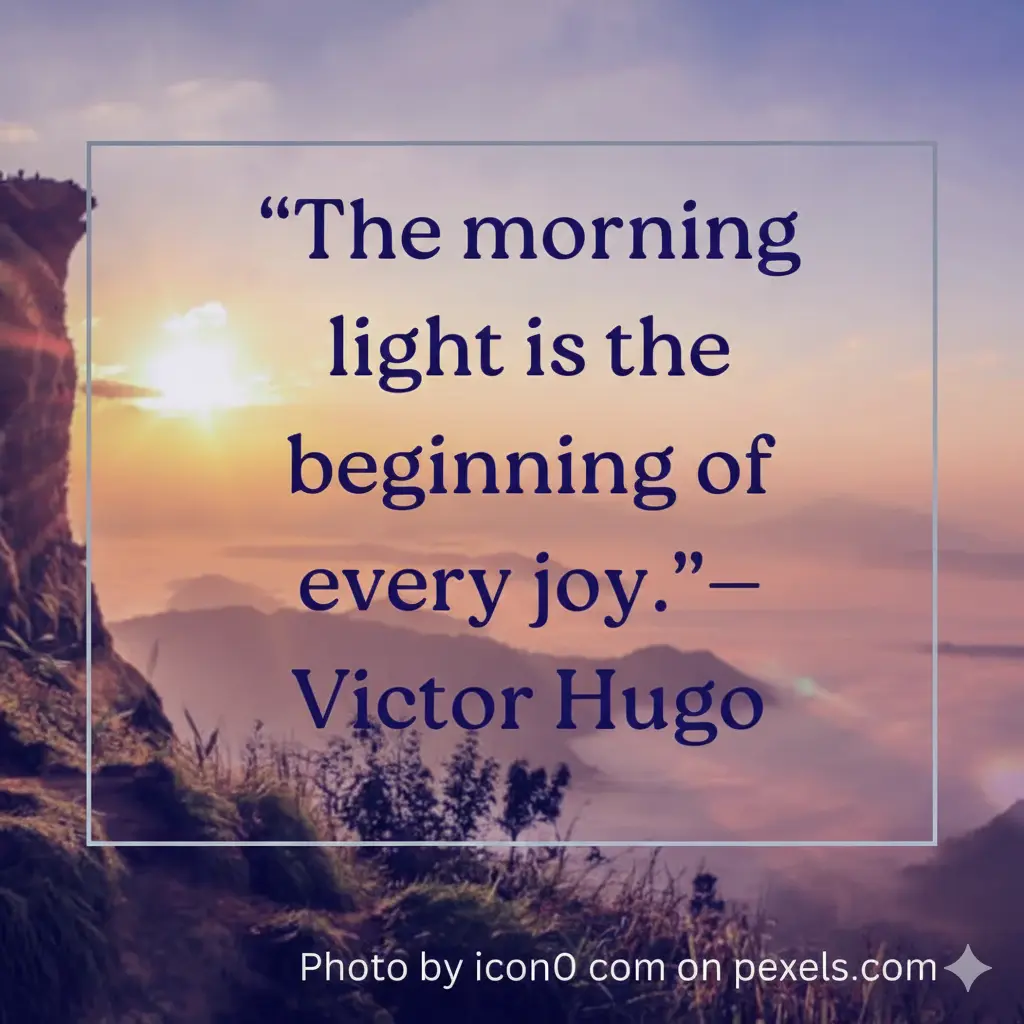 A serene morning scene featuring soft golden sunlight filtering through trees, with an inspirational good morning quote overlay.