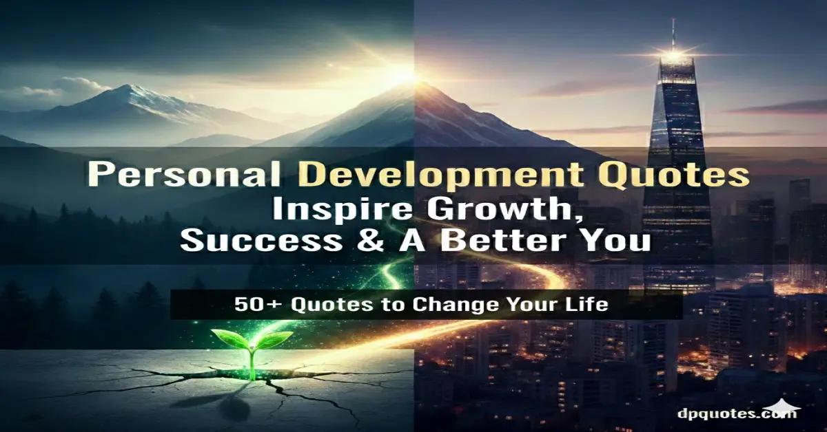 Split screen graphic showing a small plant growing from a crack and a glowing city skyscraper, titled Personal Development Quotes to Inspire Growth, Success & a Better You.