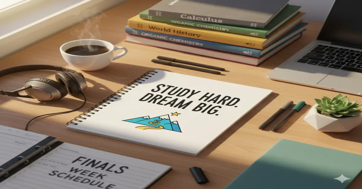 A bright, aesthetic student study desk with a notebook featuring the motivational quote "Study Hard. Dream Big." surrounded by textbooks, a laptop, and a cup of coffee