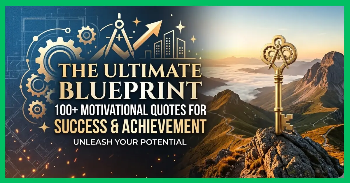 A golden ornate key standing on a mountain peak at sunrise, featuring blueprint graphics and the title 'The Ultimate Blueprint: 100+ Motivational Quotes for Success & Achievement'.