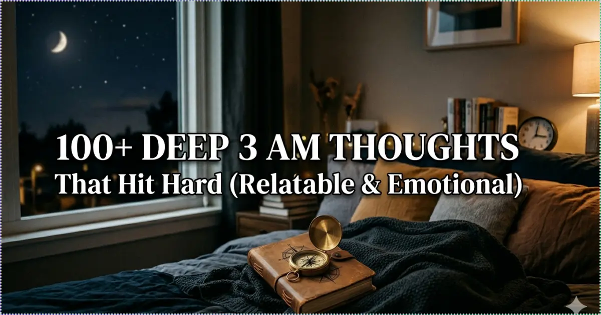 A cozy, dimly lit bedroom at night with a view of the moon through the window and a book on the bed, representing deep 3 AM thoughts and overthinking.