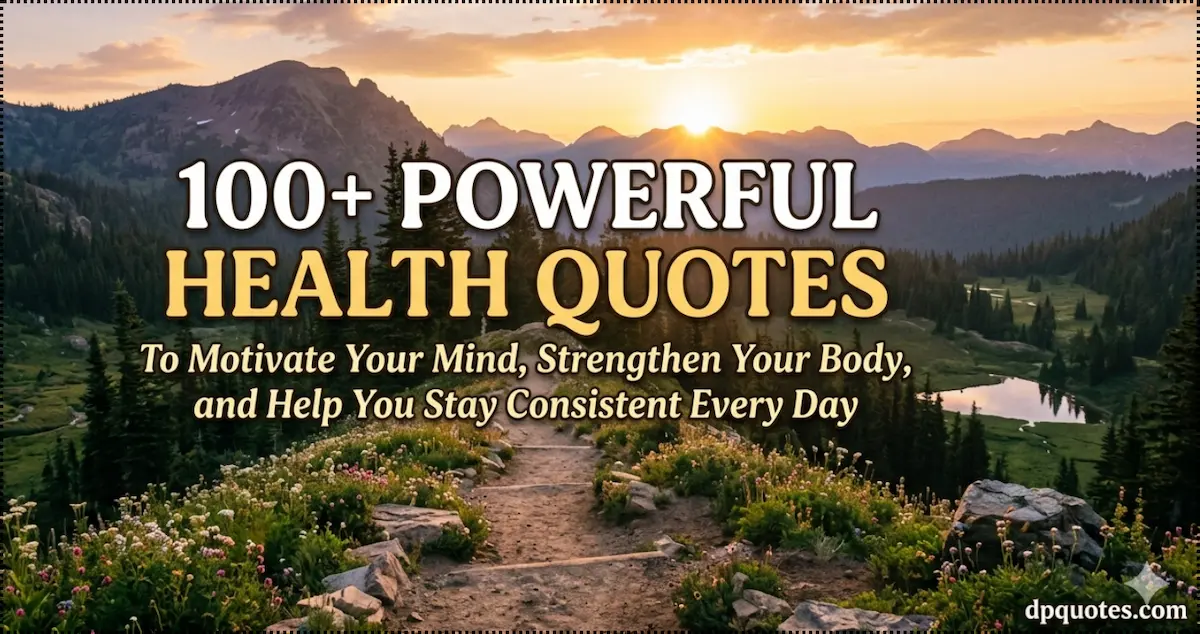 A serene mountain trail winding through a lush green valley at sunrise, symbolizing the journey to wellness and consistency. The image features a clear text overlay that reads "100+ Powerful Health Quotes to Motivate Your Mind, Strengthen Your Body, and Help You Stay Consistent Every Day" with the dpquotes.com logo in the corner.