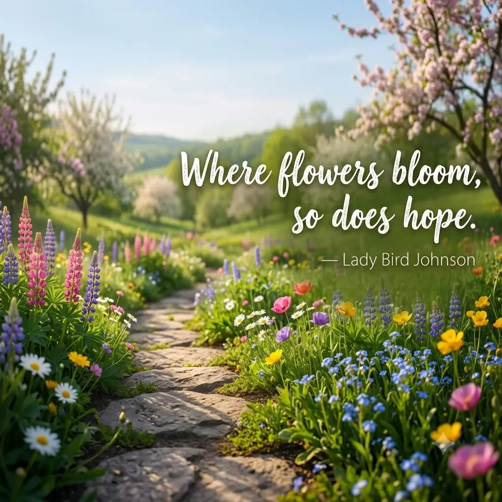 A spring wildflower meadow path with the quote, Where flowers bloom, so does hope. — Lady Bird Johnson