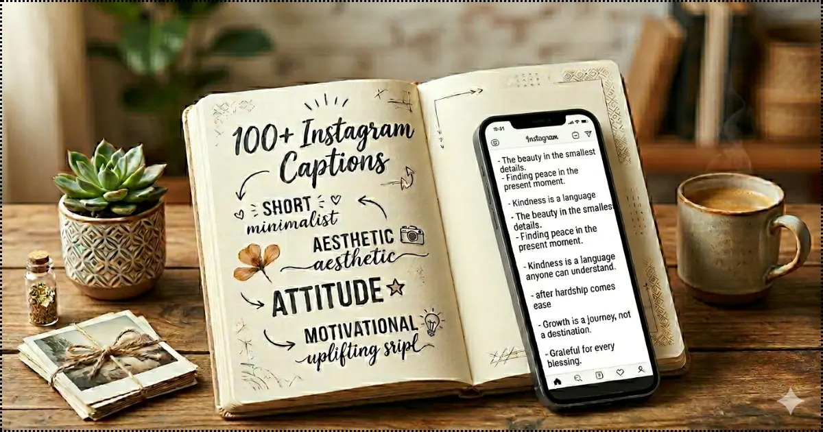 Minimal aesthetic flat-lay of a smartphone with Instagram captions on mobile screen, surrounded by notebook, pen, and coffee on a soft neutral desk