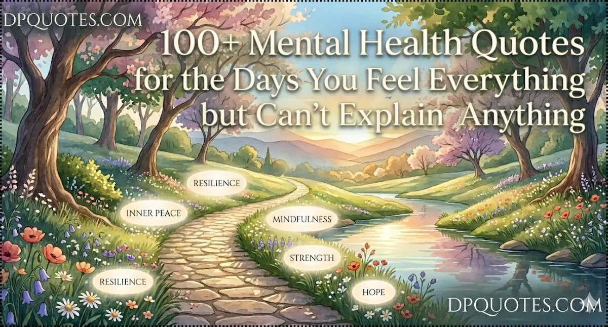 A peaceful landscape featuring a winding stone path through a misty forest leading toward a bright, golden sunrise over distant mountains. Softly glowing bubbles containing words like "Resilience," "Mindfulness," and "Inner Peace" float over a tranquil stream and wildflower meadow, symbolizing the journey toward emotional balance and mental stability.