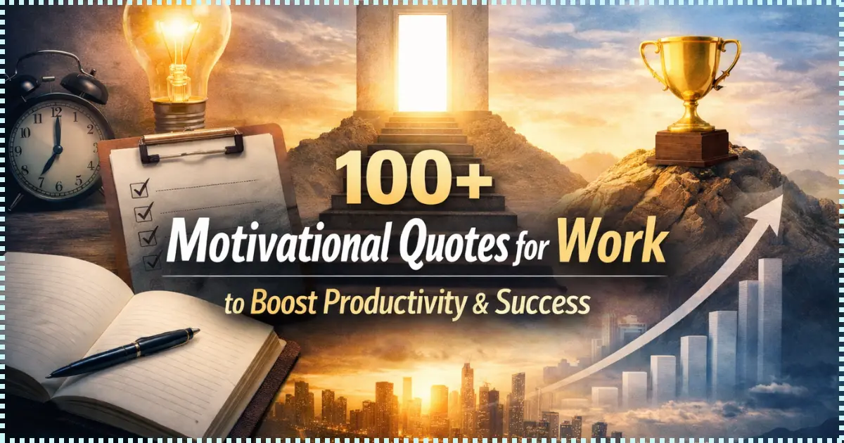 Motivational quotes for work concept with notebook, light bulb, growth chart and success trophy symbolizing productivity and success.
