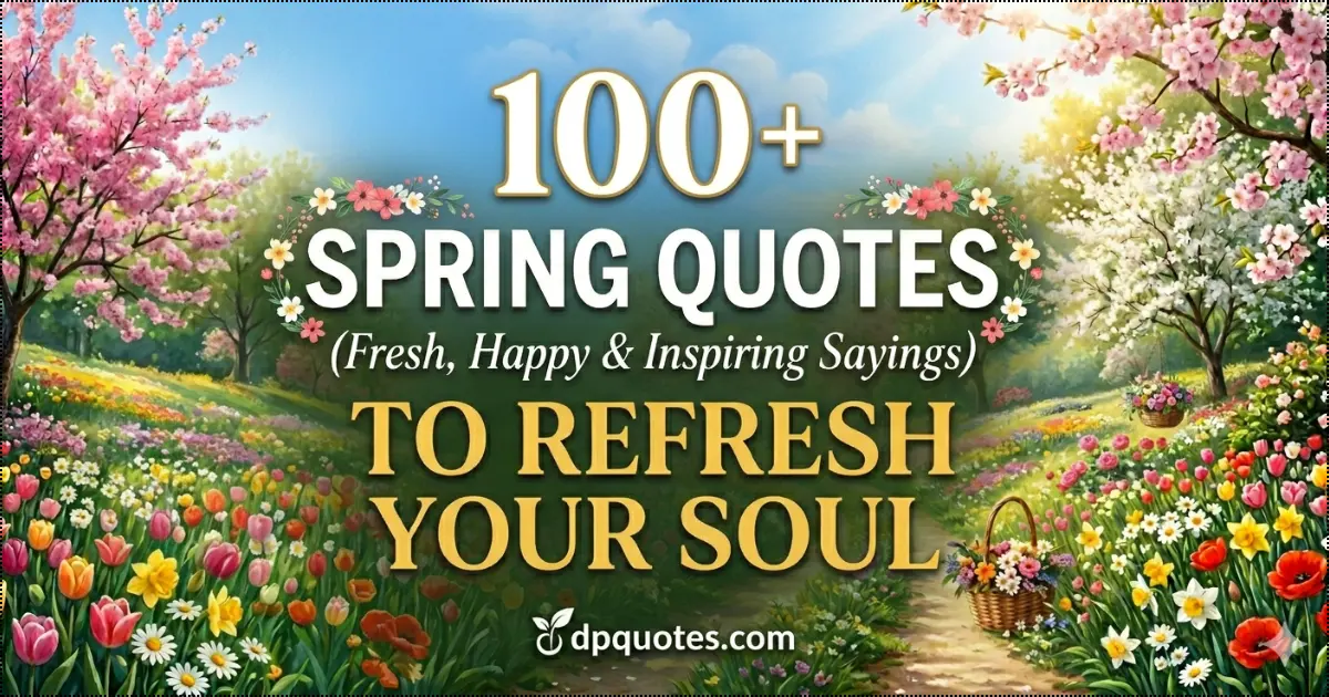 A vibrant spring landscape with blooming tulips, cherry blossoms, and a flower basket, featuring the text "100+ Spring Quotes to Refresh Your Soul."
