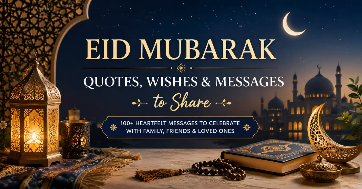 Heartfelt Eid Mubarak quotes and wishes with crescent moon and mosque in a peaceful night setting
