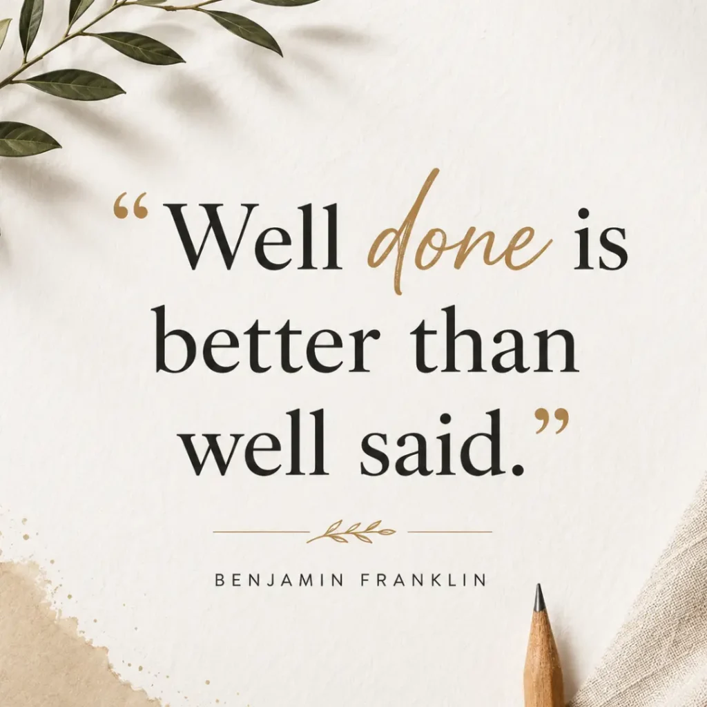 “Well done is better than well said daily motivational quote about taking action by Benjamin Franklin