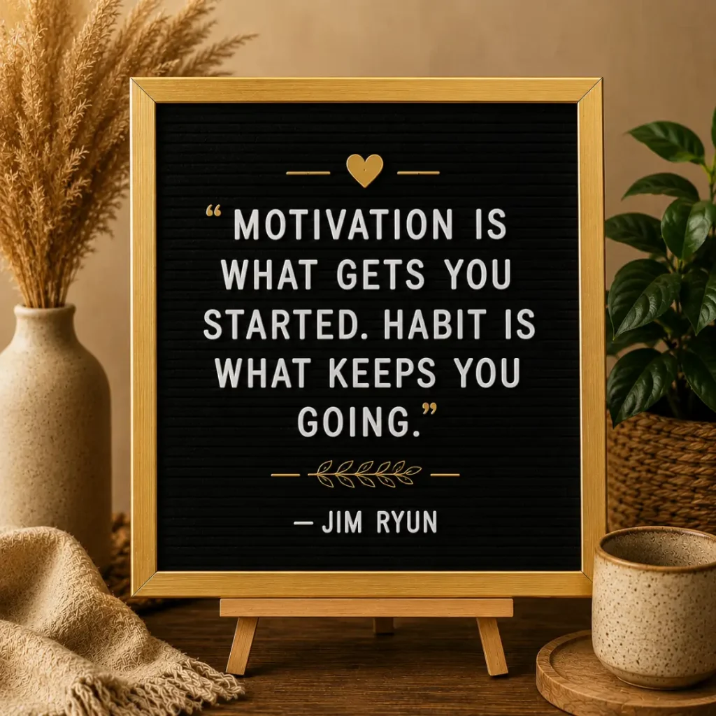 Inspirational quote by Jim Ryun on a black letter board with a gold frame in a warm minimalist workspace setting
