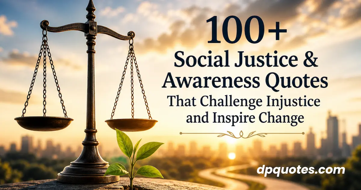 Balanced justice scale with a growing plant symbolizing fairness, equality, and social change at sunrise