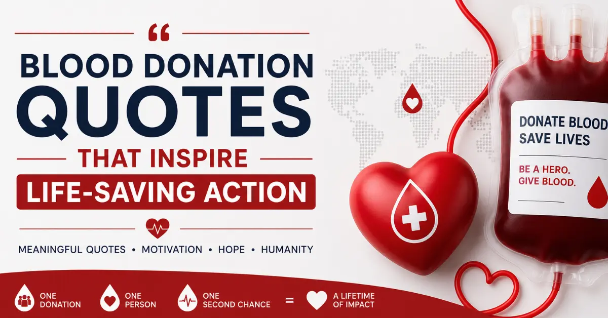 Blood donation quotes featured image with heart icon and blood bag symbol promoting life-saving action