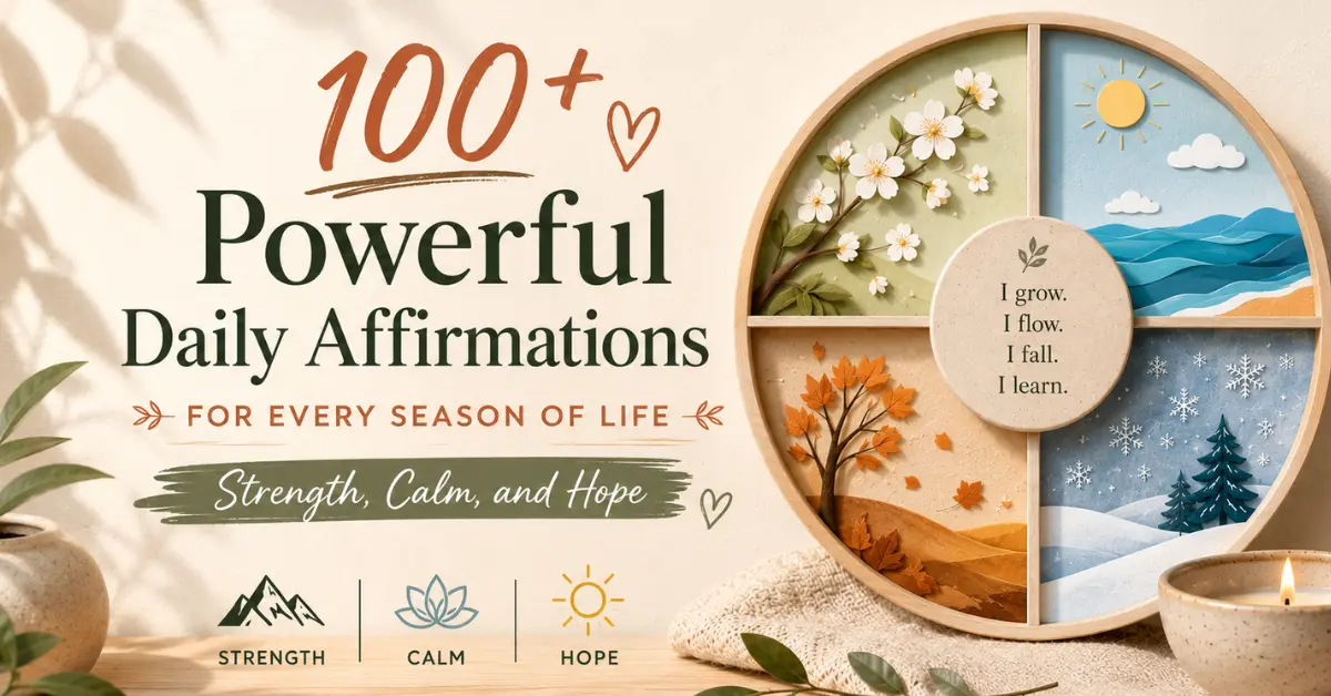 Minimalist featured image of daily affirmations for every season of life, highlighting growth, learning, strength, calm, and hope through soft seasonal visuals