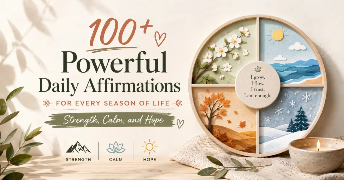 Illustration of daily affirmations for every season of life with themes of strength, calm, and hope in a warm minimalist design