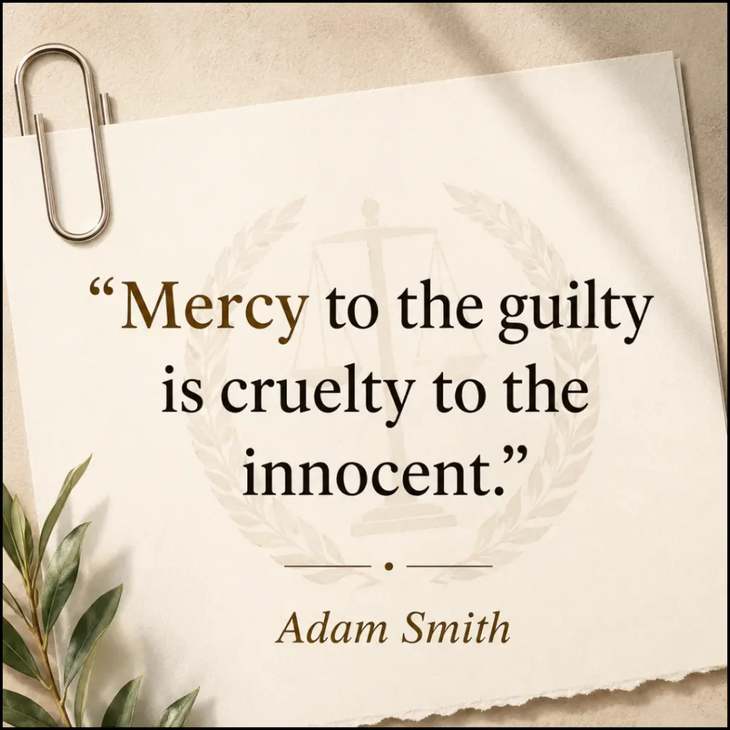 Justice quote by Adam Smith on mercy and fairness with elegant minimal design background