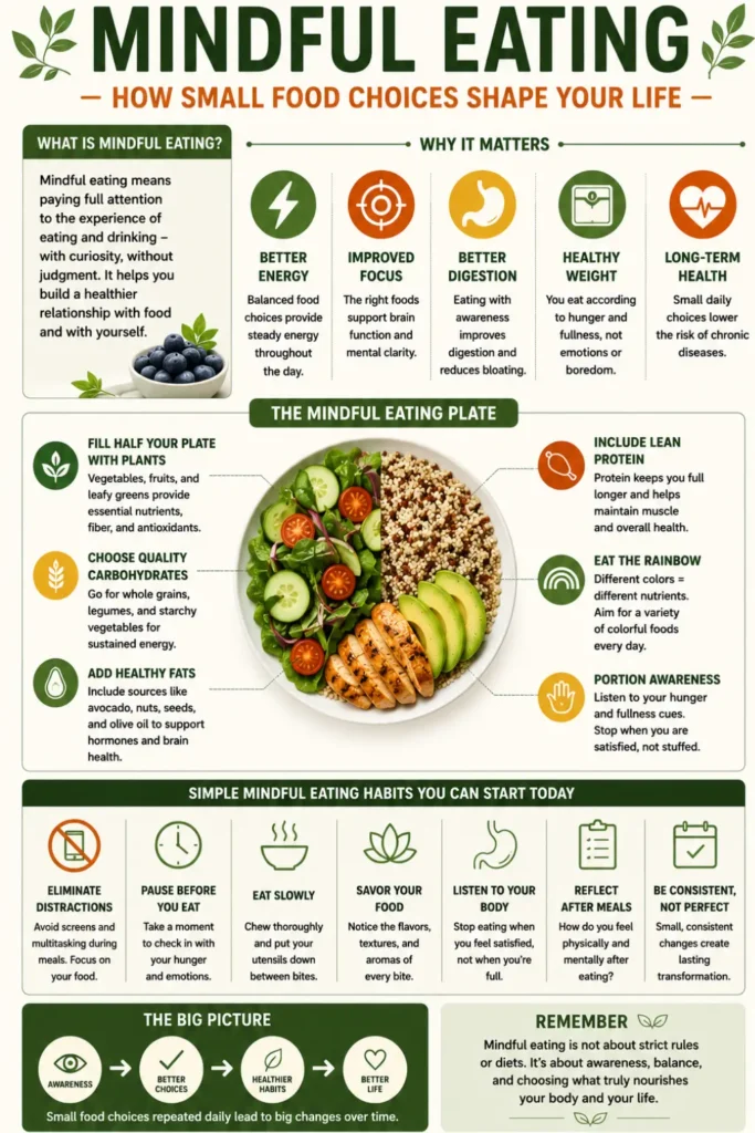 Mindful eating infographic explaining how small food choices impact health, showing balanced plate, benefits, and simple daily habits