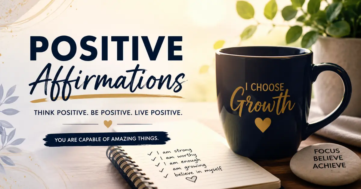 Positive affirmations featured image with inspiring motivational message and self-growth journal for building confidence and a positive mindset.