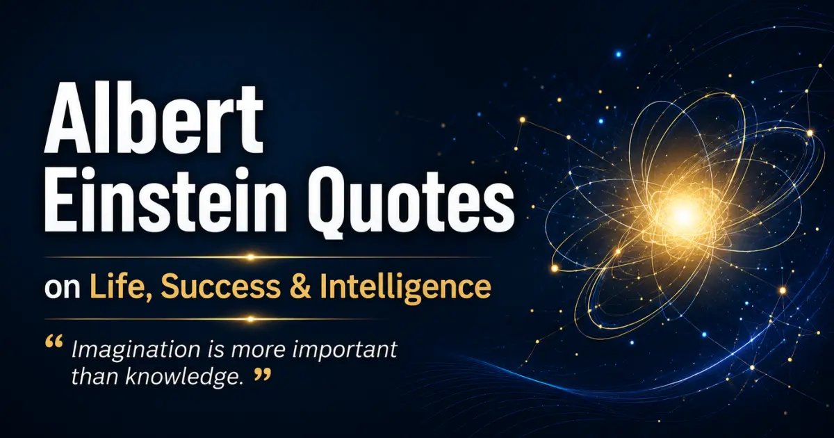 Minimal abstract featured image with quote by Albert Einstein on life, success and intelligence with dark blue background and glowing center