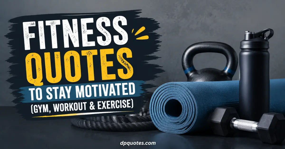 Motivational fitness quotes design with gym equipment including dumbbell, yoga mat, and water bottle on a modern background