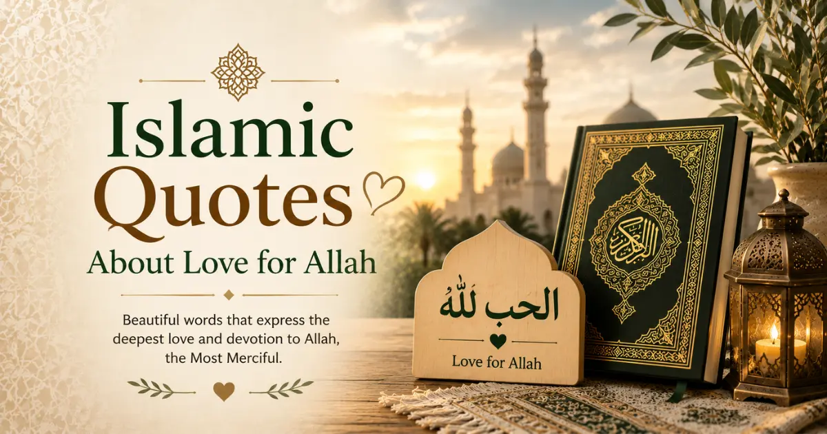 Islamic quotes about love for Allah with Quran, lantern, and warm peaceful background