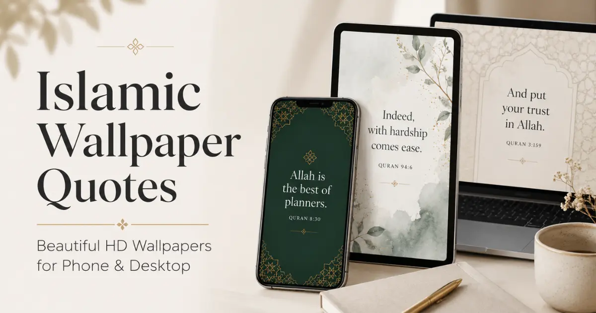 Minimal workspace featuring Islamic quote wallpapers on phone and desktop with soft neutral background