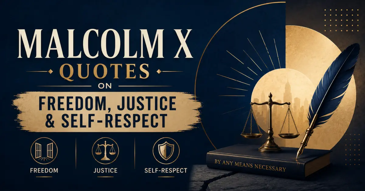 Modern navy and gold graphic with book and justice scale symbolizing Malcolm X quotes on freedom, justice, and self-respect