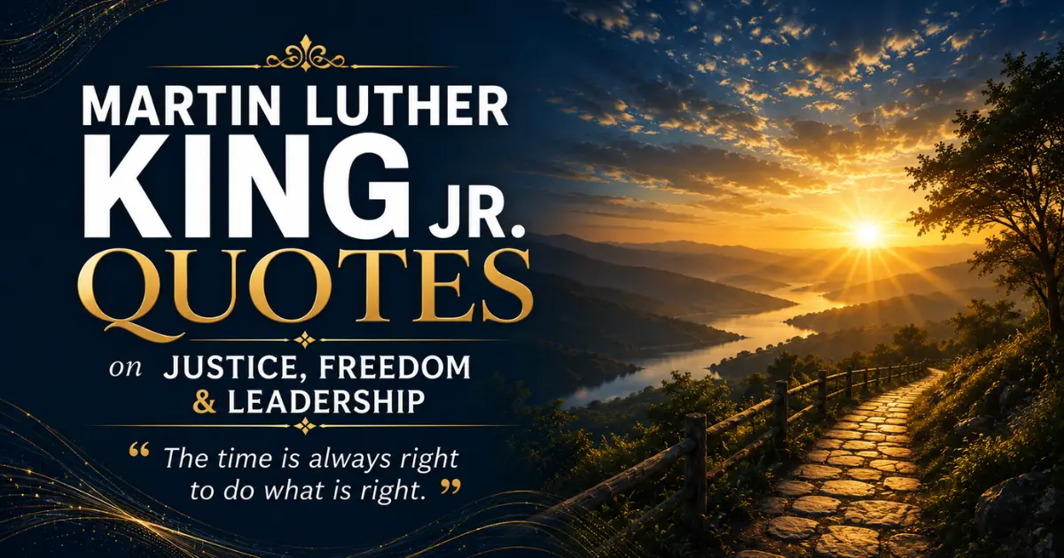 Martin Luther King Jr quotes on justice freedom and leadership with inspirational sunrise landscape background