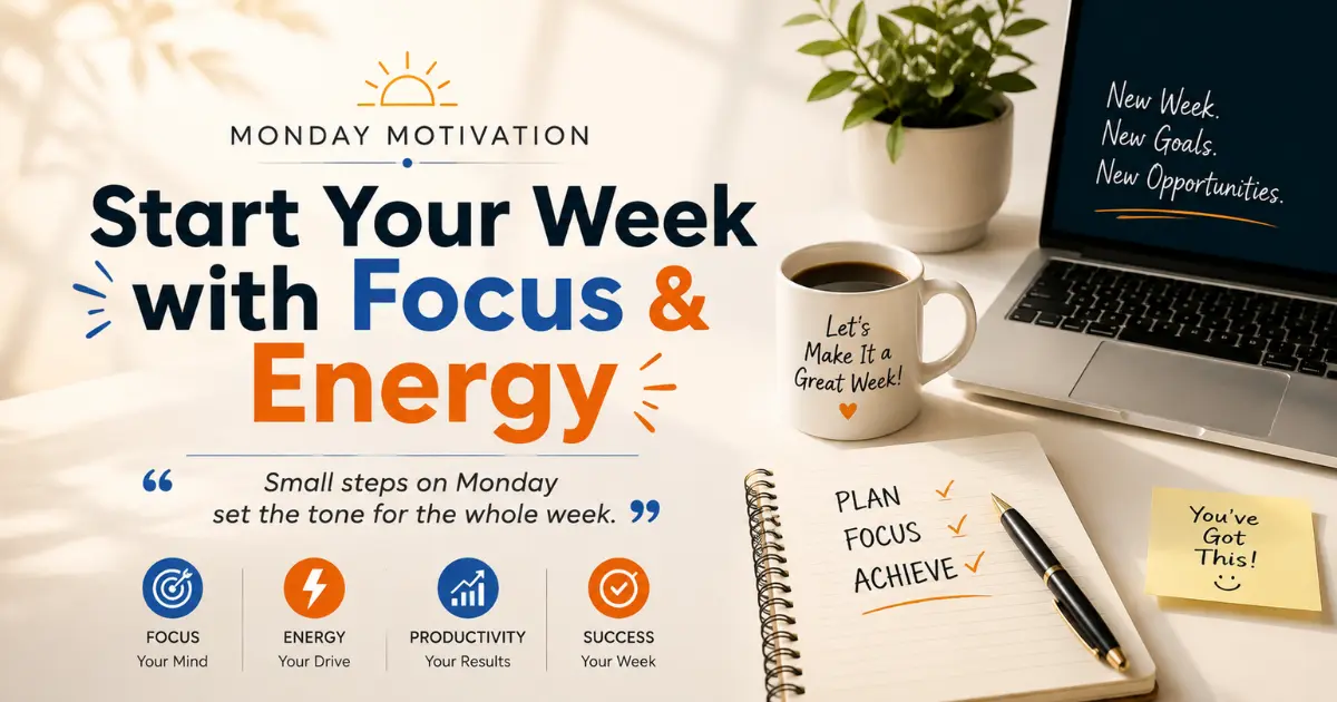 Monday motivation quotes for work shown on a clean desk setup with a laptop, coffee, and a message about starting the week with focus and energy.