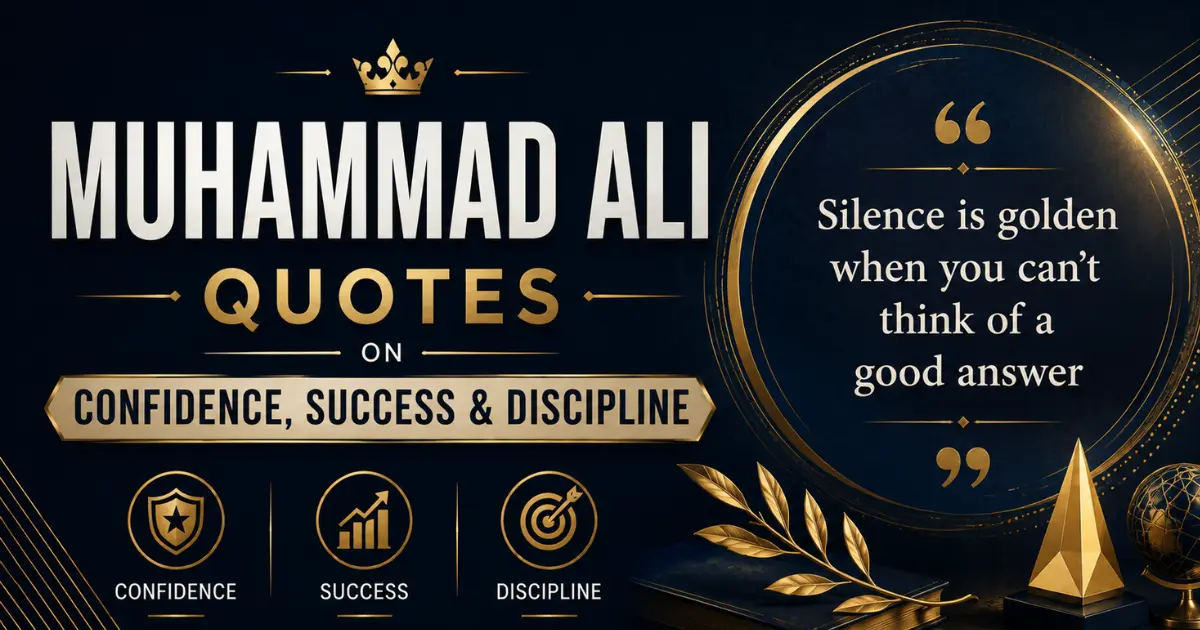Minimal navy and gold abstract design with books and geometric elements featuring Muhammad Ali quote on silence, confidence, success, and discipline