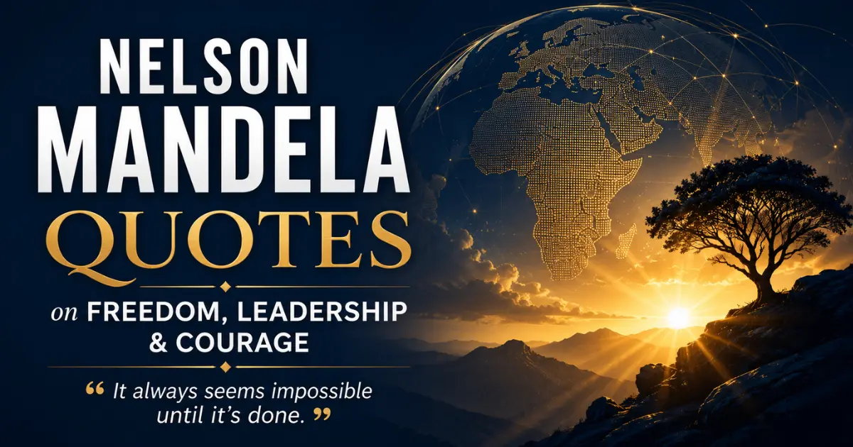 Nelson Mandela quotes featured image with inspiring golden sunrise, global theme design, and quote “It always seems impossible until it’s done.