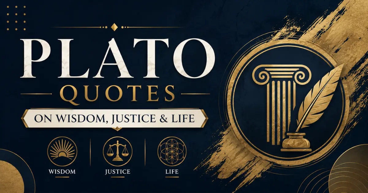 Elegant modern design with abstract geometric symbol representing Plato’s wisdom, justice, and philosophy on life in a dark blue and gold theme