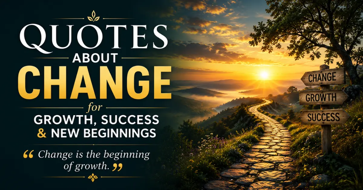 Inspirational quotes about change for growth, success and new beginnings with sunrise path and direction signpost
