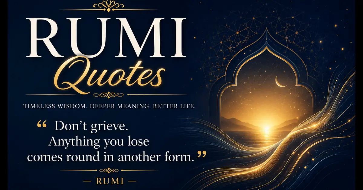 Rumi quotes featured image with calming golden glow background and inspirational quote “Don’t grieve. Anything you lose comes round in another form.