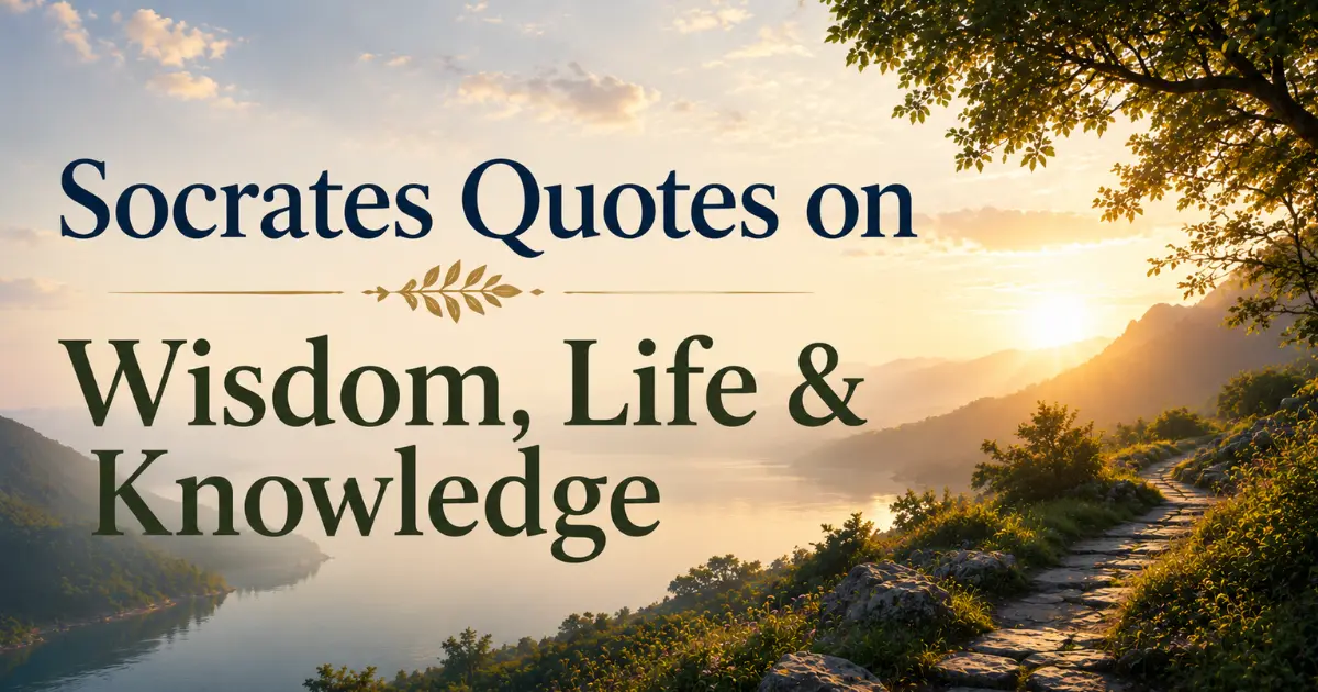 Peaceful sunrise over mountains and lake with a winding path, representing wisdom, self-reflection, and inner knowledge inspired by Socrates