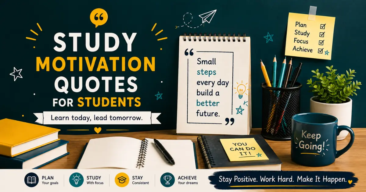 Study motivation quotes for students shown on a clean study desk with a classroom board displaying “Small steps every day lead to big achievements,” inspiring consistent learning and focus.