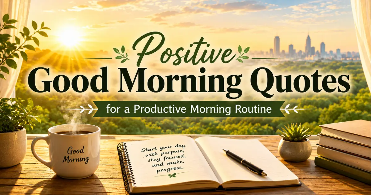 Positive good morning quotes for a productive morning routine with sunrise, coffee, and journal