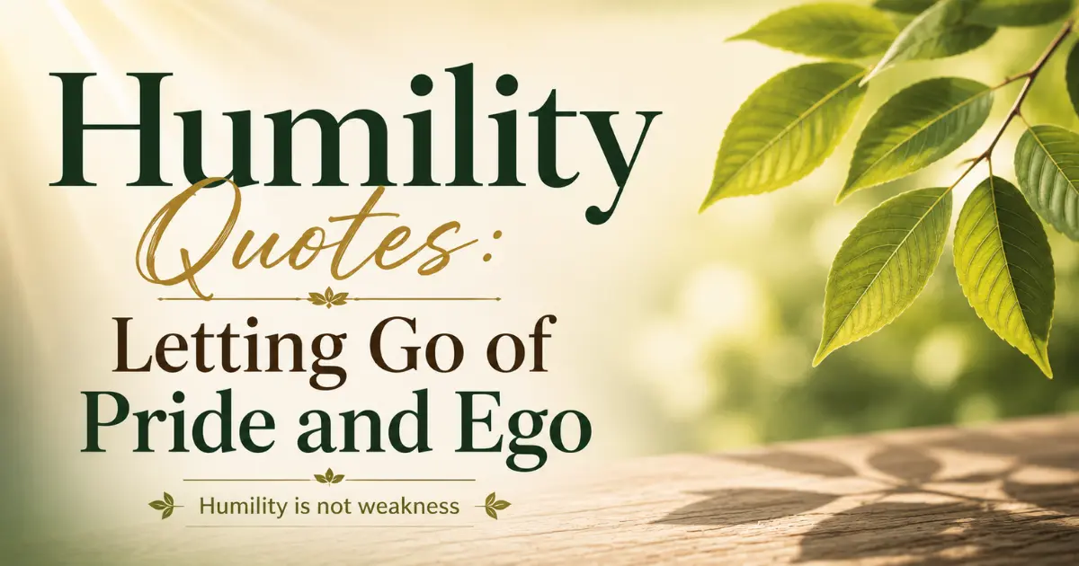Minimalist featured image with text “Humility Quotes: Letting Go of Pride and Ego” and a calming leaf background symbolizing inner peace and humility