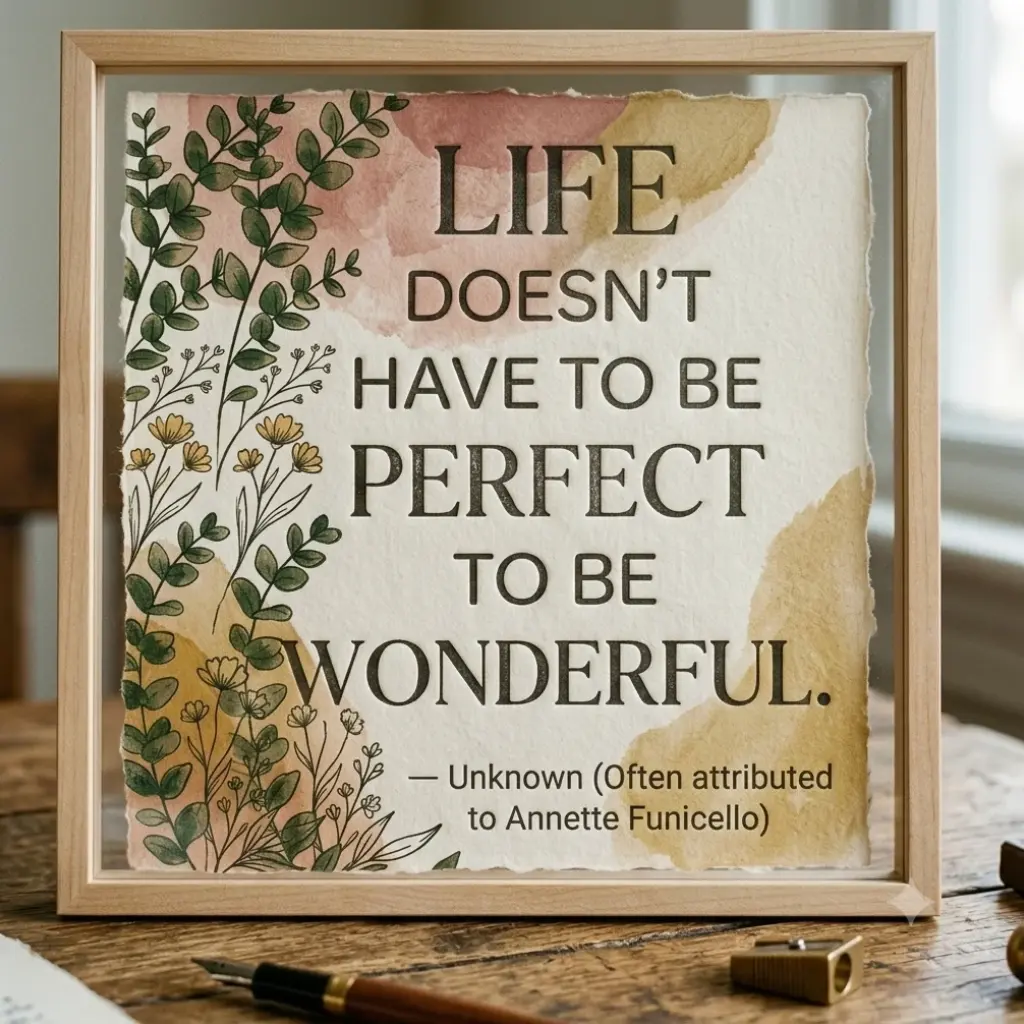 Framed art print with the inspirational quote: "Life doesn't have to be perfect to be wonderful." by Unknown, featuring botanical watercolor illustrations.