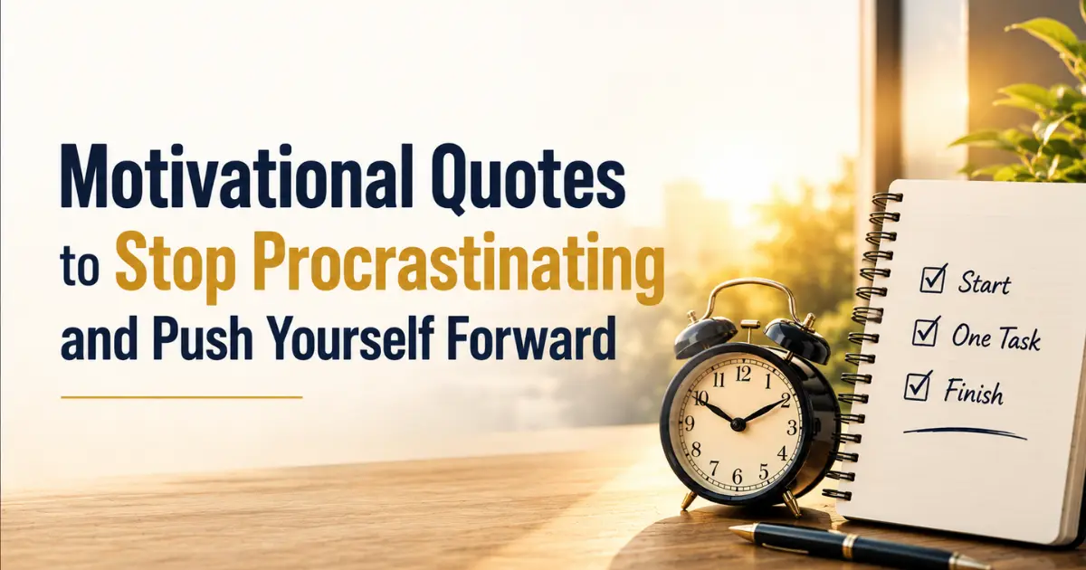 Motivational quotes to stop procrastinating and push yourself forward, illustrated with a productivity workspace featuring a notebook, alarm clock, and goal checklist.