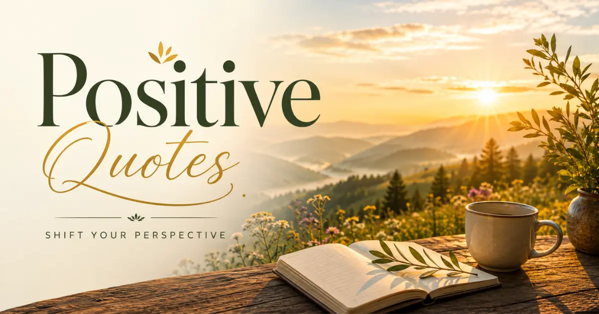 Inspirational sunrise landscape with a journal, coffee mug, and wildflowers symbolizing positive quotes that inspire a brighter outlook and a positive mindset.