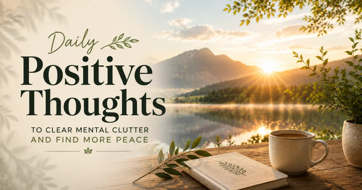 Peaceful sunrise over a mountain lake with a journal, coffee mug, and greenery representing daily positive thoughts for mental clarity, inner peace, and a positive mindset.