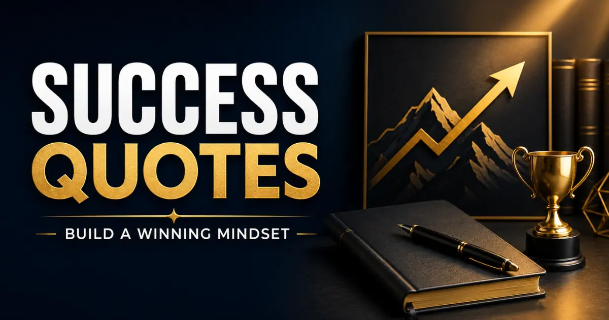 Success quotes to build a winning mindset with a trophy, notebook, and upward growth symbol.