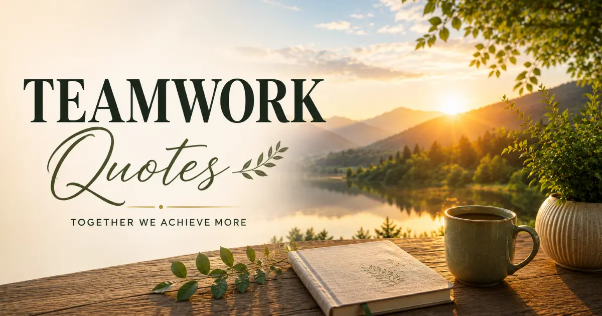 Peaceful sunrise landscape with a journal, coffee mug, and greenery representing teamwork quotes that inspire collaboration, unity, and shared success