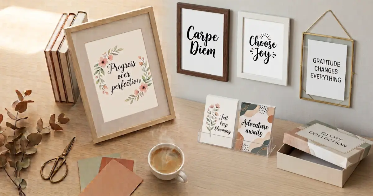Collection of the best free printable quote prints displayed in aesthetic frames, including "Progress over perfection" and "Choose Joy."