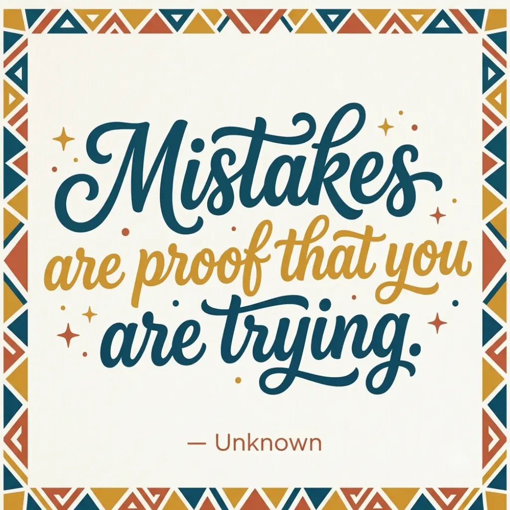 Classroom wall art printable featuring the inspirational quote "Mistakes are proof that you are trying" in elegant blue and gold lettering with a colorful geometric border.