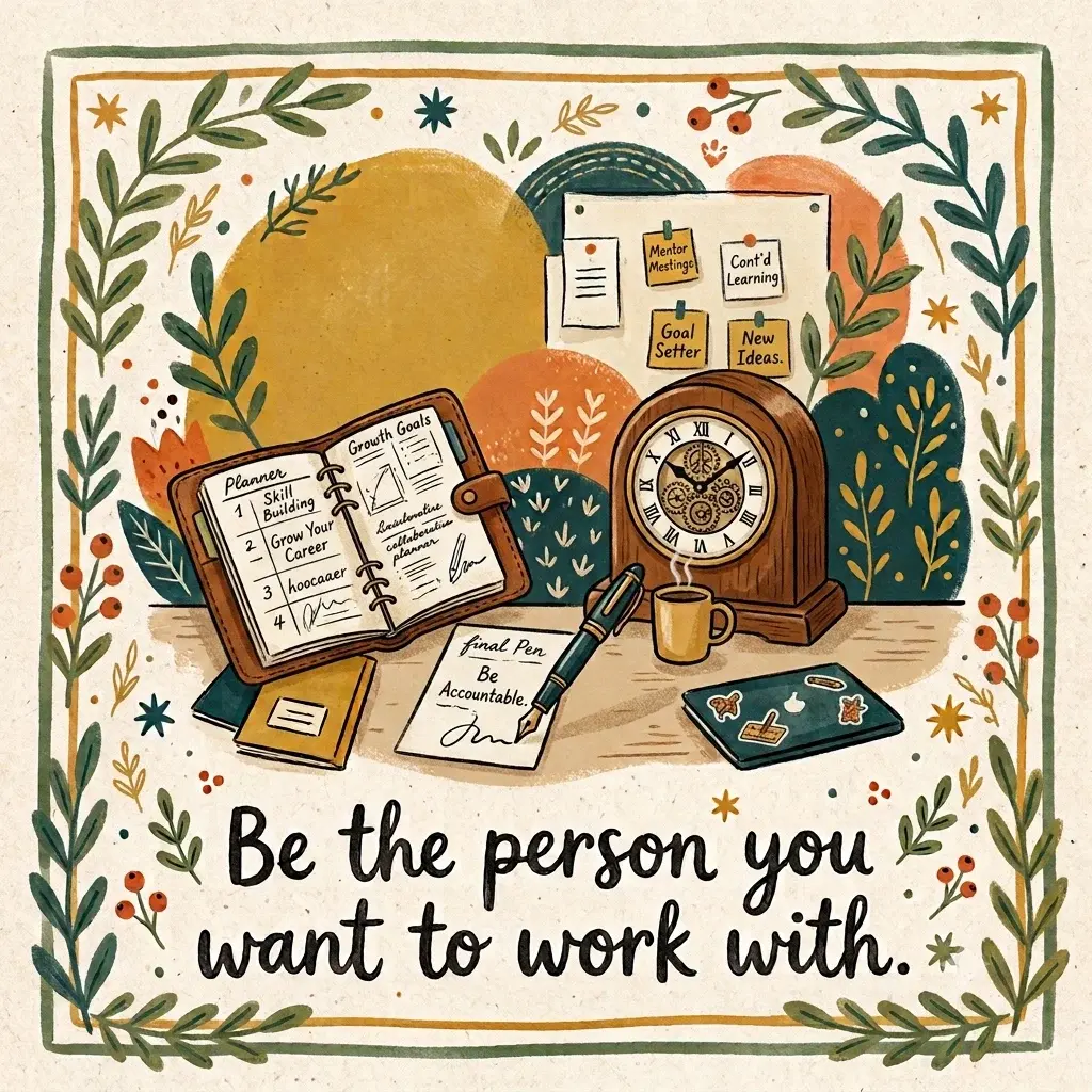 Office wall art printable with quote "Be the person you want to work with" and desk illustration.