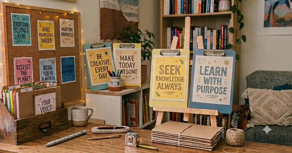 A charming teacher's desk setup showcasing framed printable quotes like "SEEK KNOWLEDGE ALWAYS" and "LEARN WITH PURPOSE" for classroom inspiration
