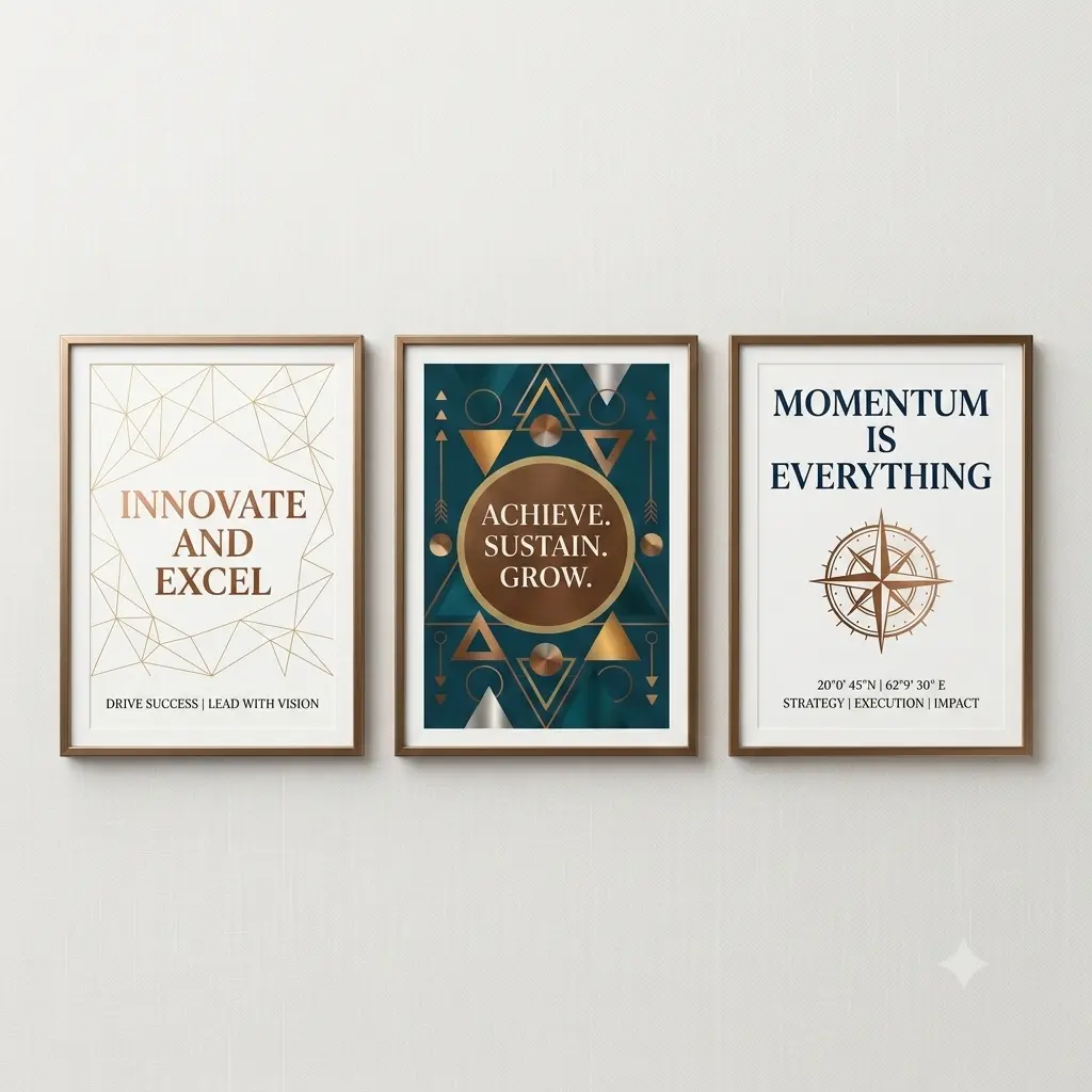 A set of three modern corporate motivational wall art prints in bronze frames, featuring geometric line art, rich teal patterns, a compass mark, and sharp typography with phrases like Innovate and Excel, Achieve Sustain Grow, and Momentum is Everything.